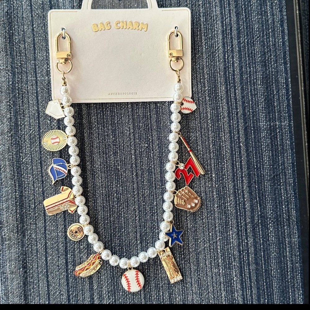 Anthropologie Icon Pearl Bag Charm Game Day Baseball NWT - Picture 3 of 6